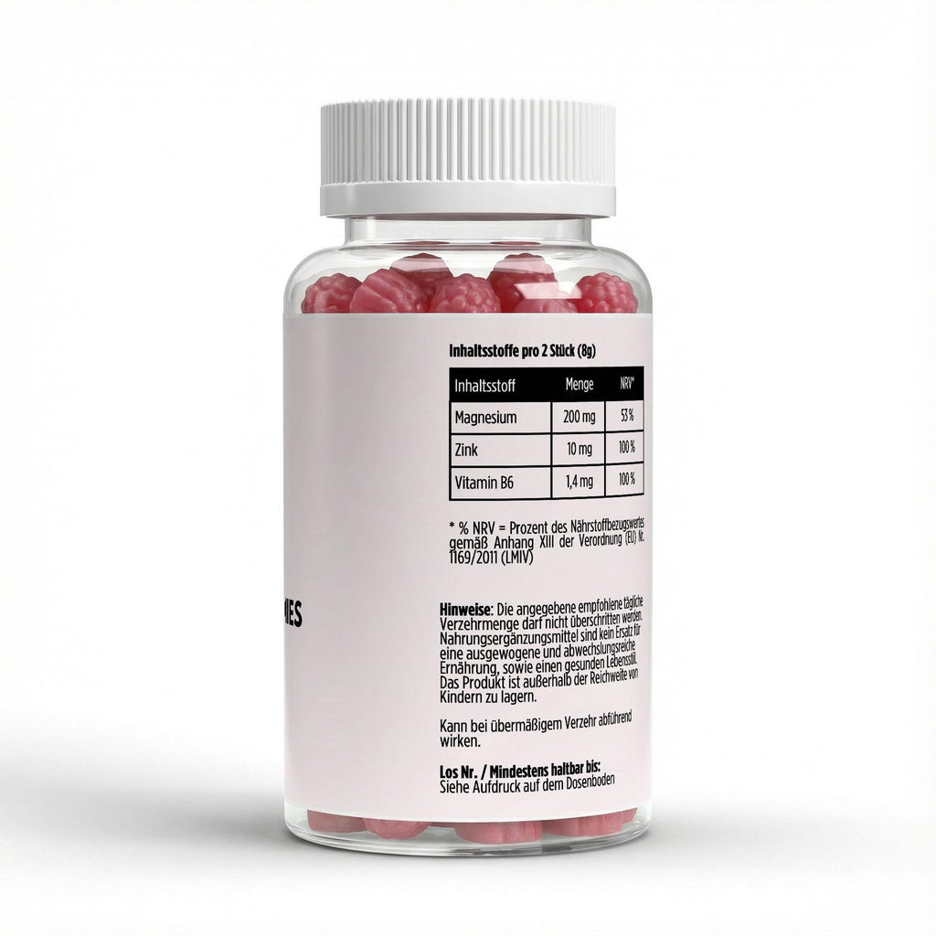 VELUNA CALM Magnesium Gummies, Etikett mit Zutaten und Nährwerten