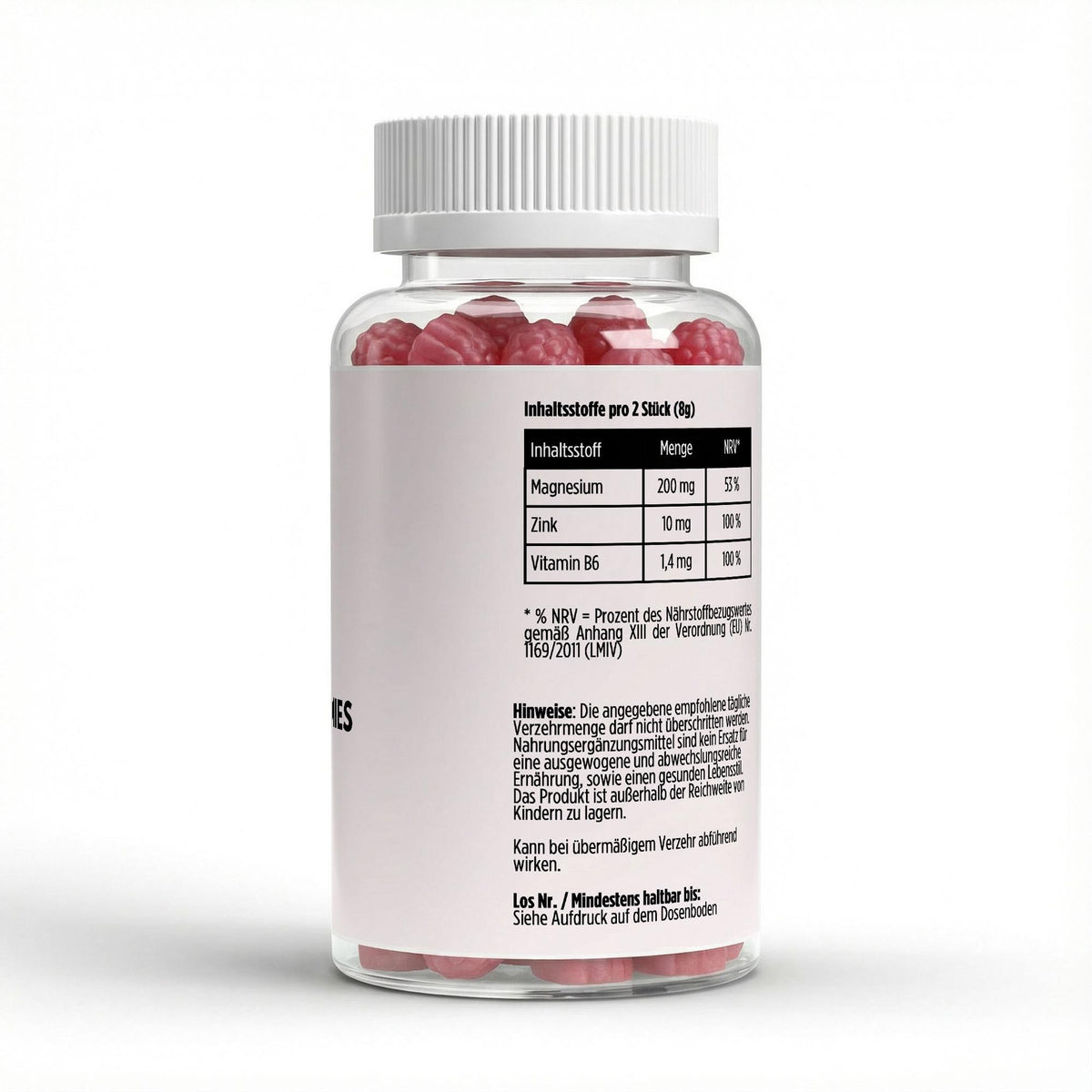 VELUNA CALM Magnesium Gummies, Etikett mit Zutaten und Nährwerten
