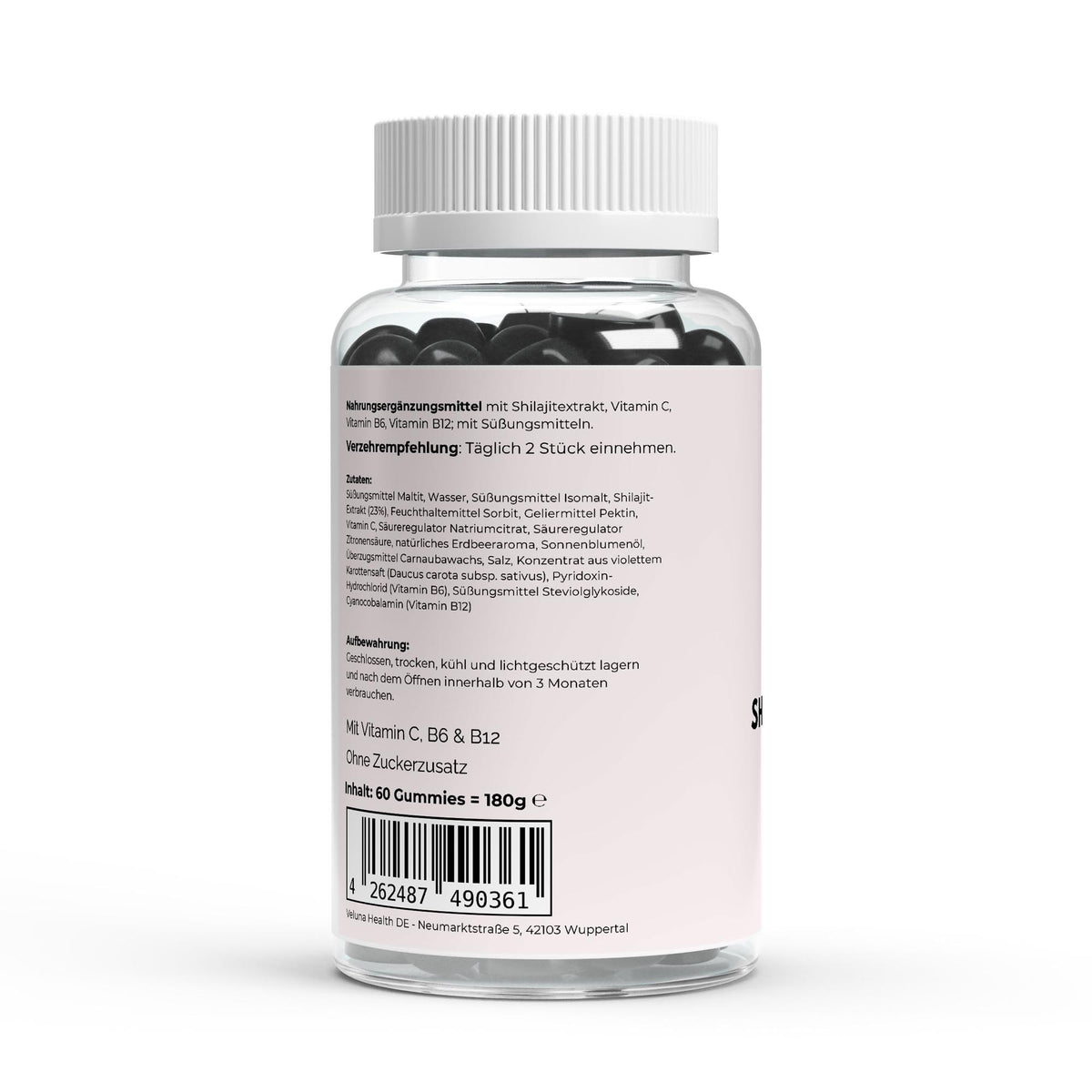 VELUNA ENERGY Shilajit Gummies, Etikett mit Zutaten und Nährwerten